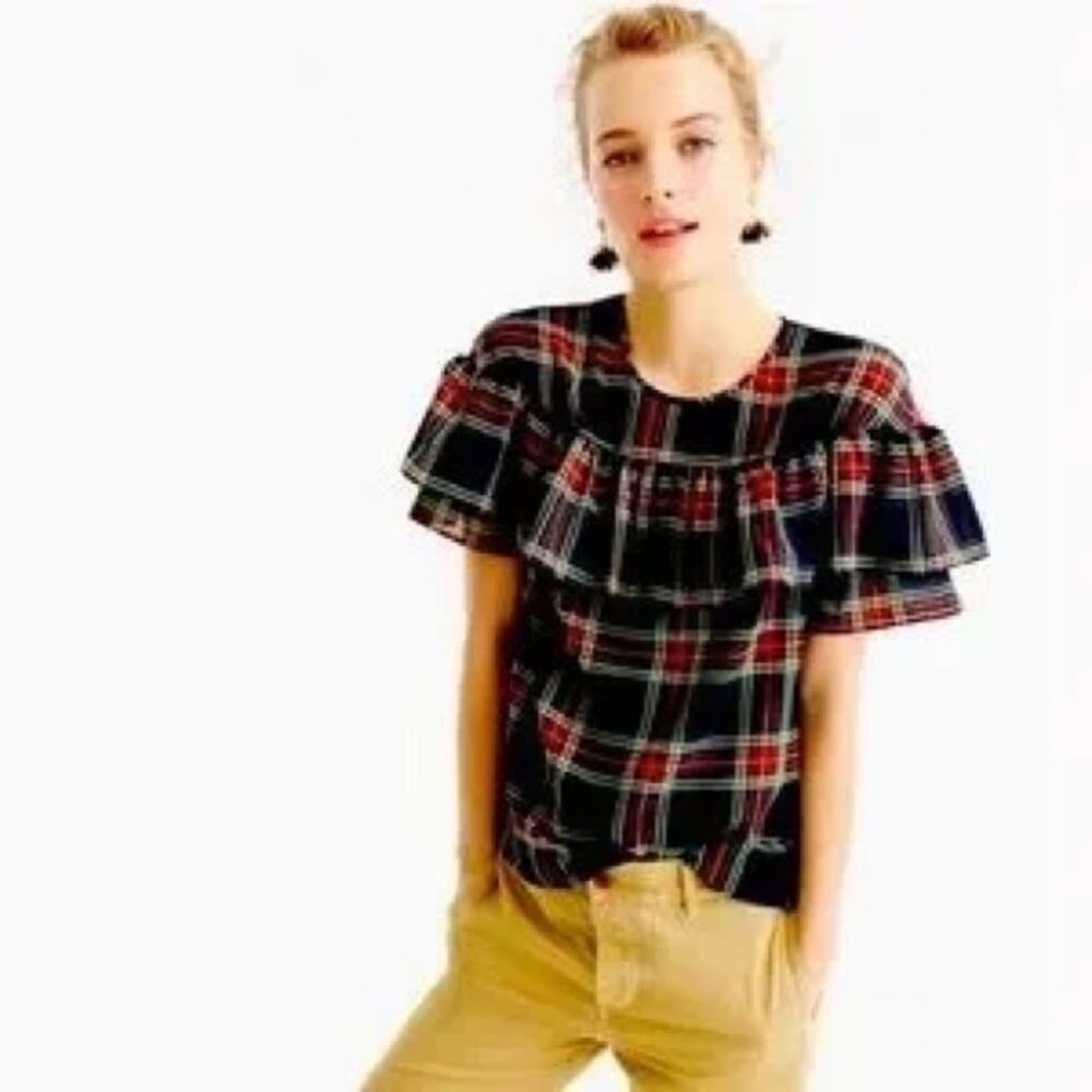 J Crew Edie Ruffle Top Blouse Stewart Tartan Plaid Ruffle Short Sleeve 10 M